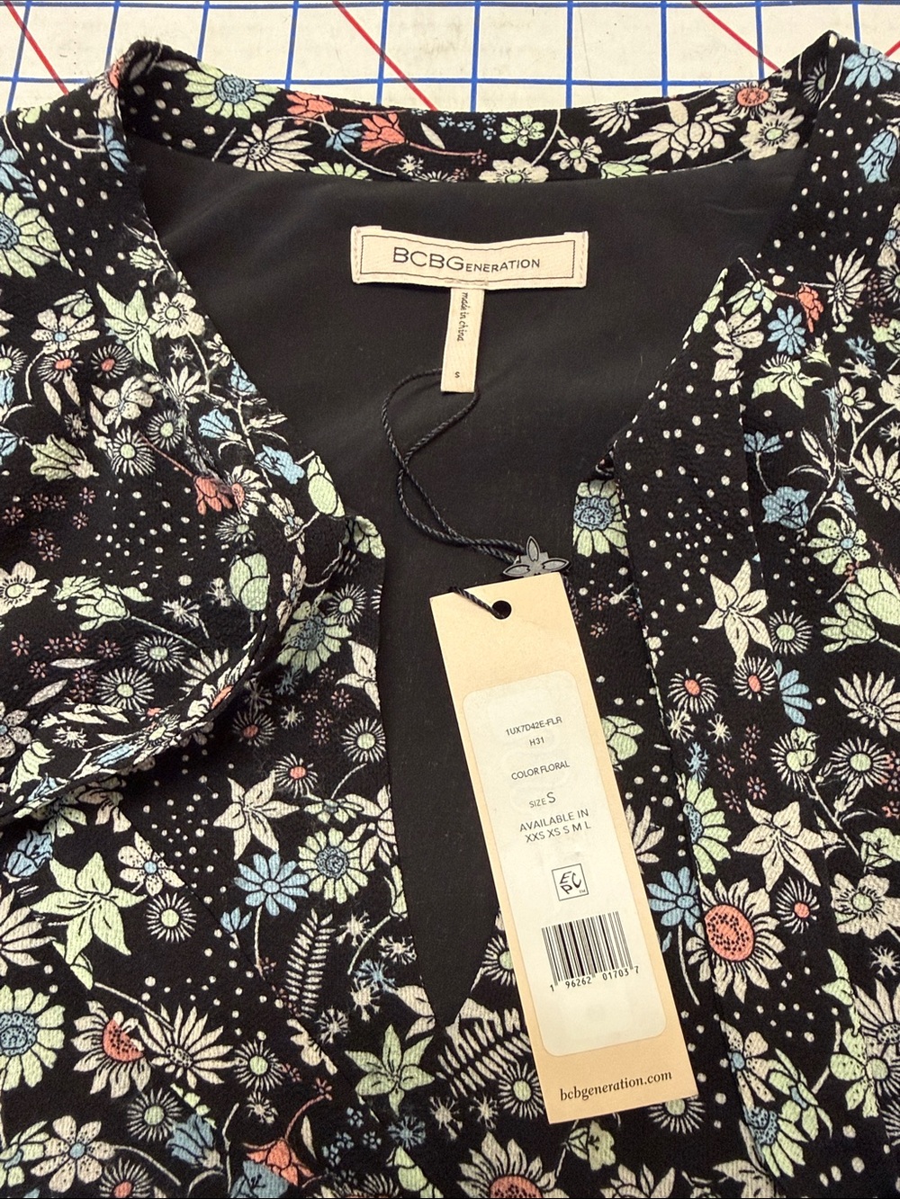 BCBGeneration Black Floral Long Sleeve Tie-Neck Dress - Picture 3 of 3